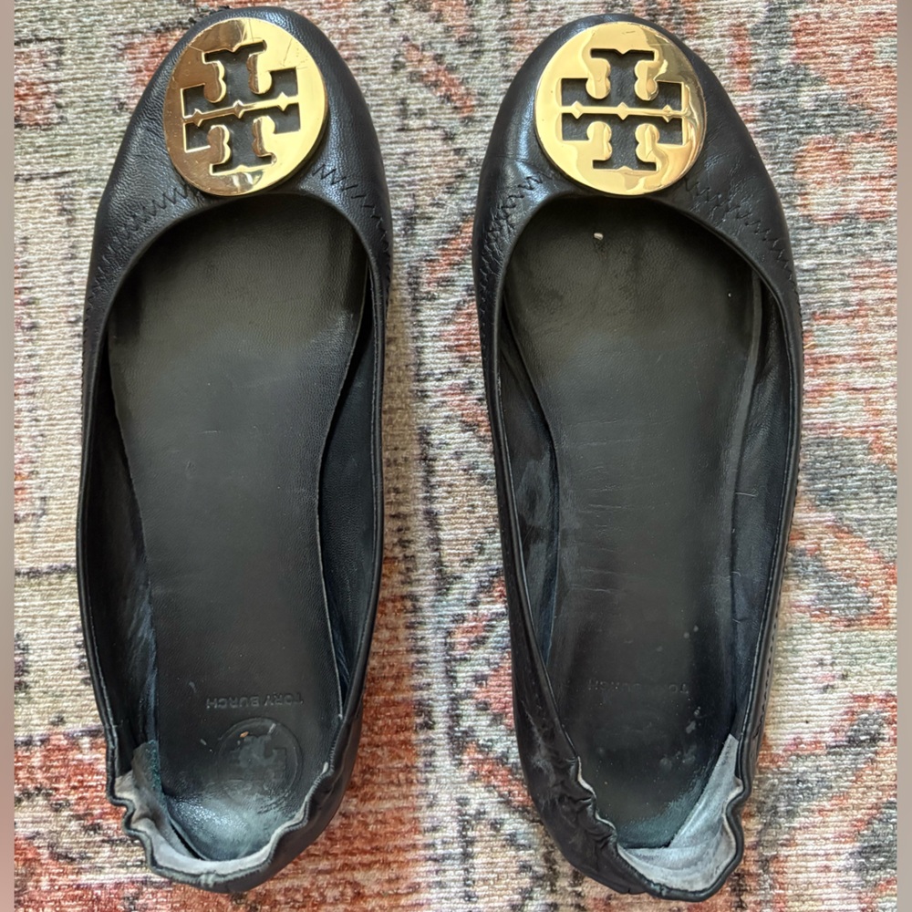 Tory Burch Black and Gold Leather Flats